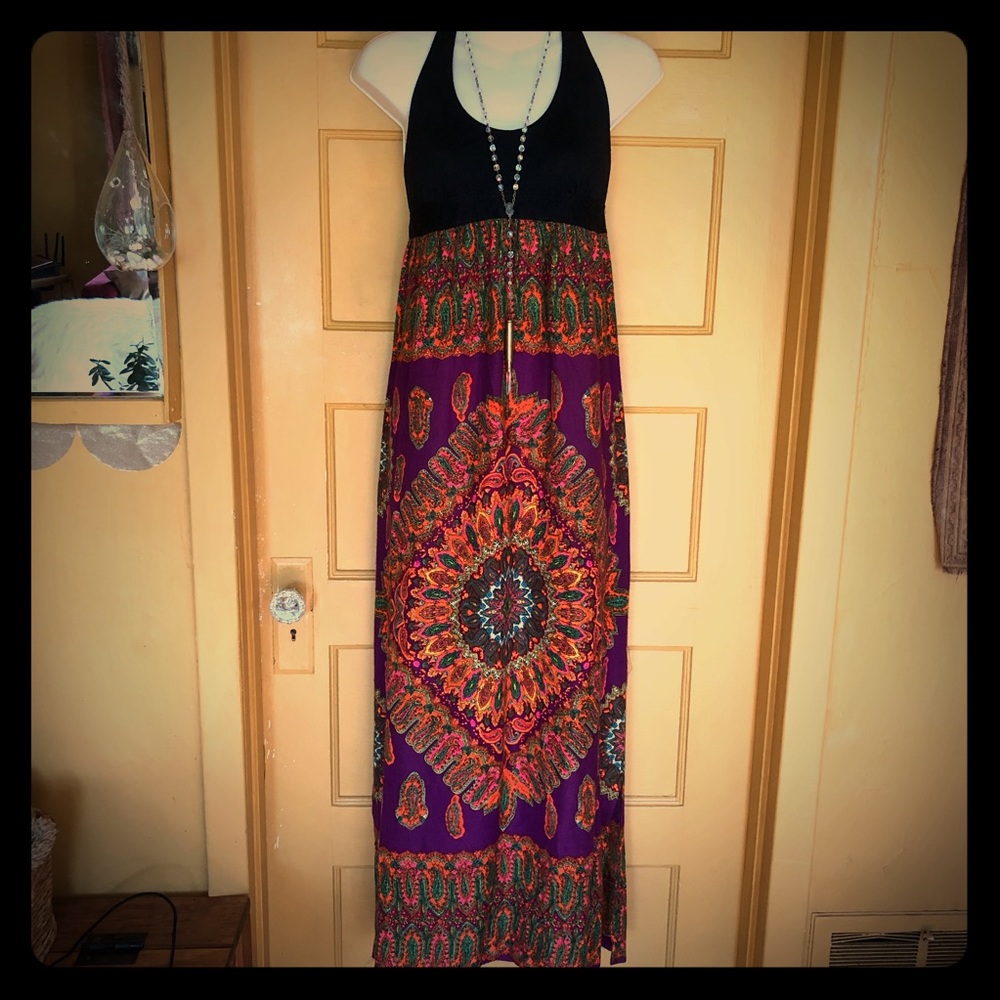 Vintage 70s Psychedelic halter maxi dress